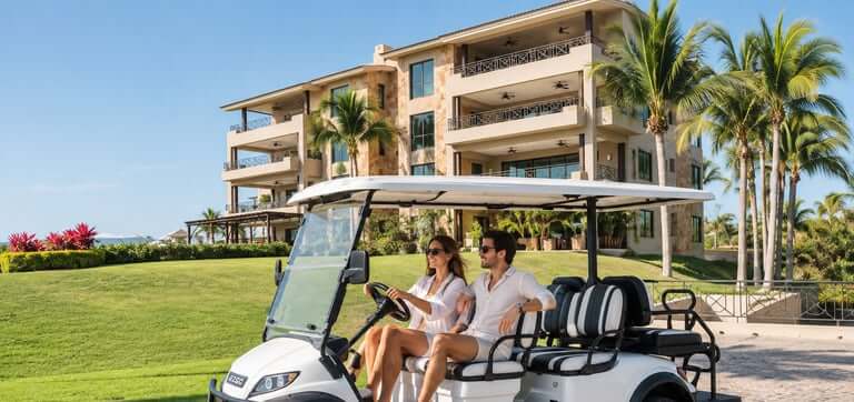 Couple driving a white EZCARTS rental golf cart in Punta Mita